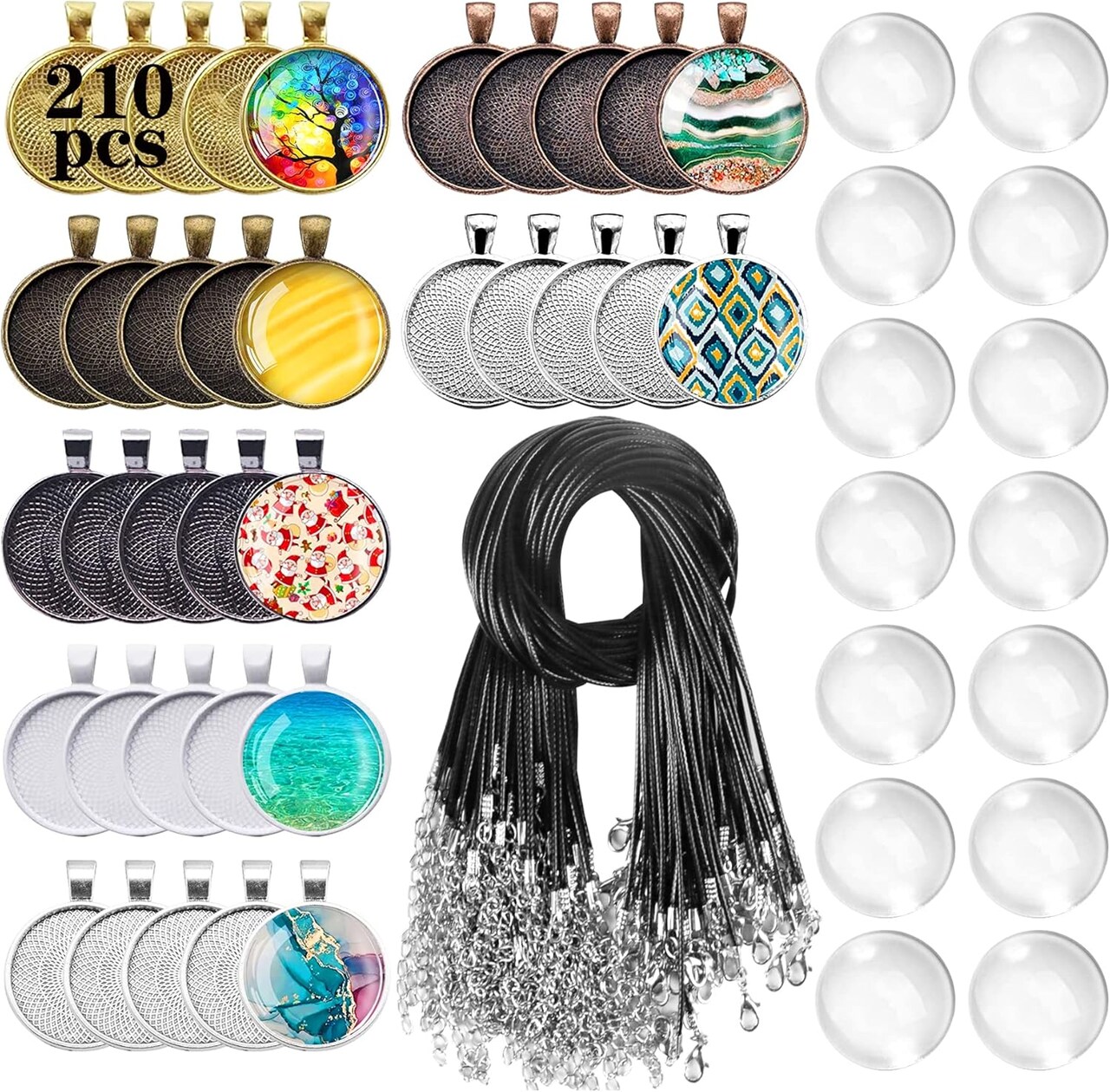 210Pcs Pendant Trays Kit, Bezel Pendant Trays Charms Bulk with Glass Cabochon and Necklace Cords Set for Homemade Necklaces, Jewelry Making, DIY Crafts, Resin Art and Paint Pour Skins